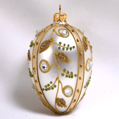 Eleanore julekule, matt hvit m/grønn